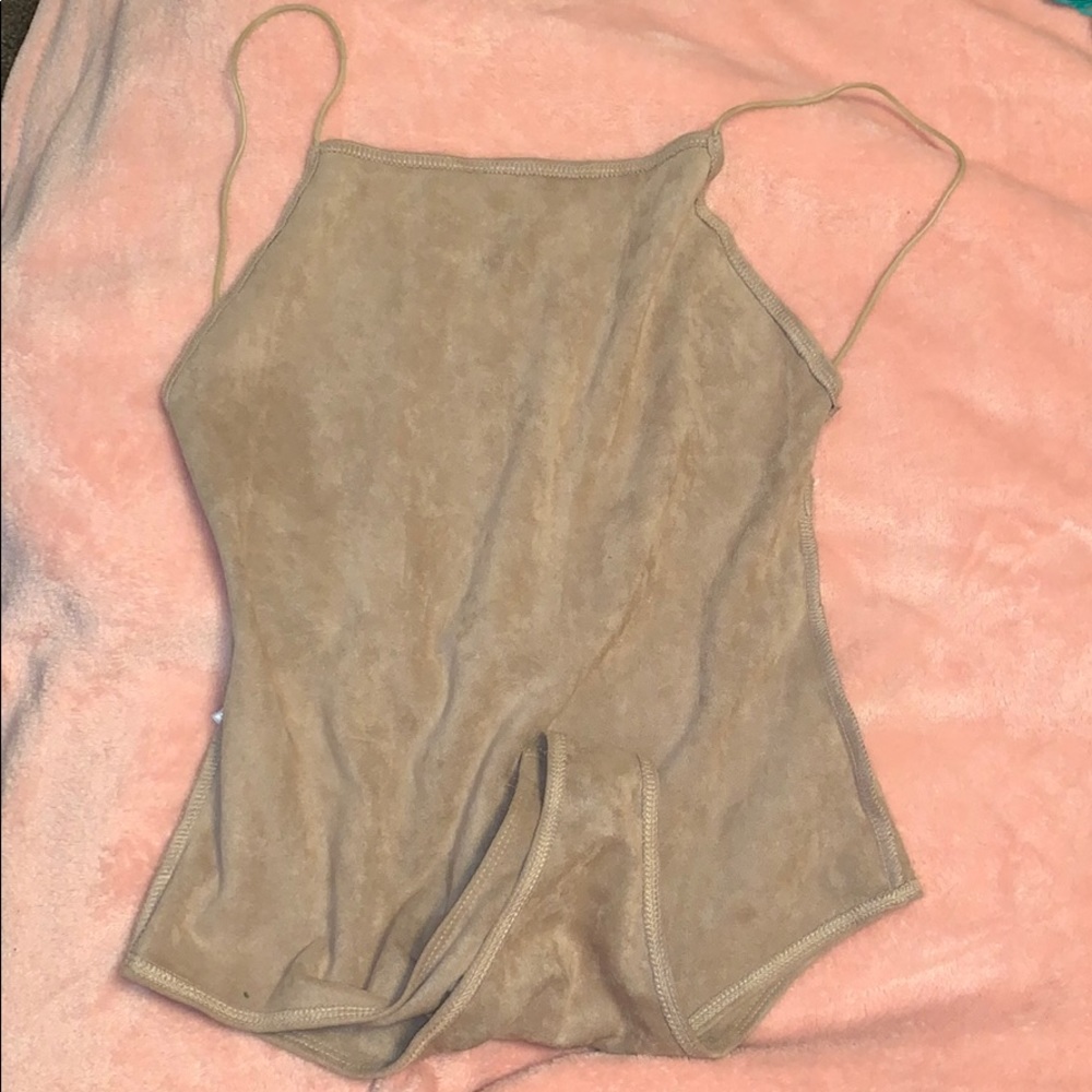 Tan faux  suede low back bodysuit